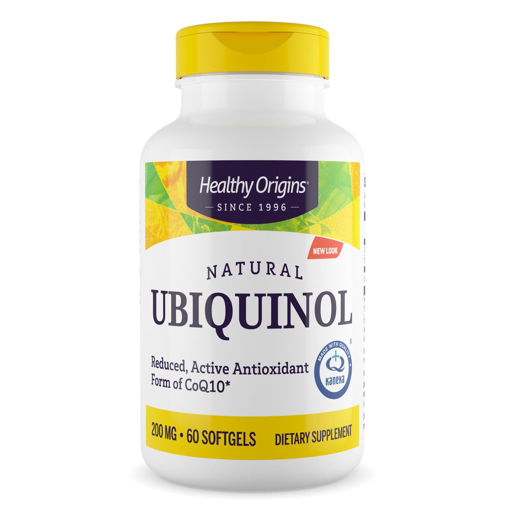 Healthy Origins Ubiquinol softgels bottle shows daily supplement for heart and energy support.