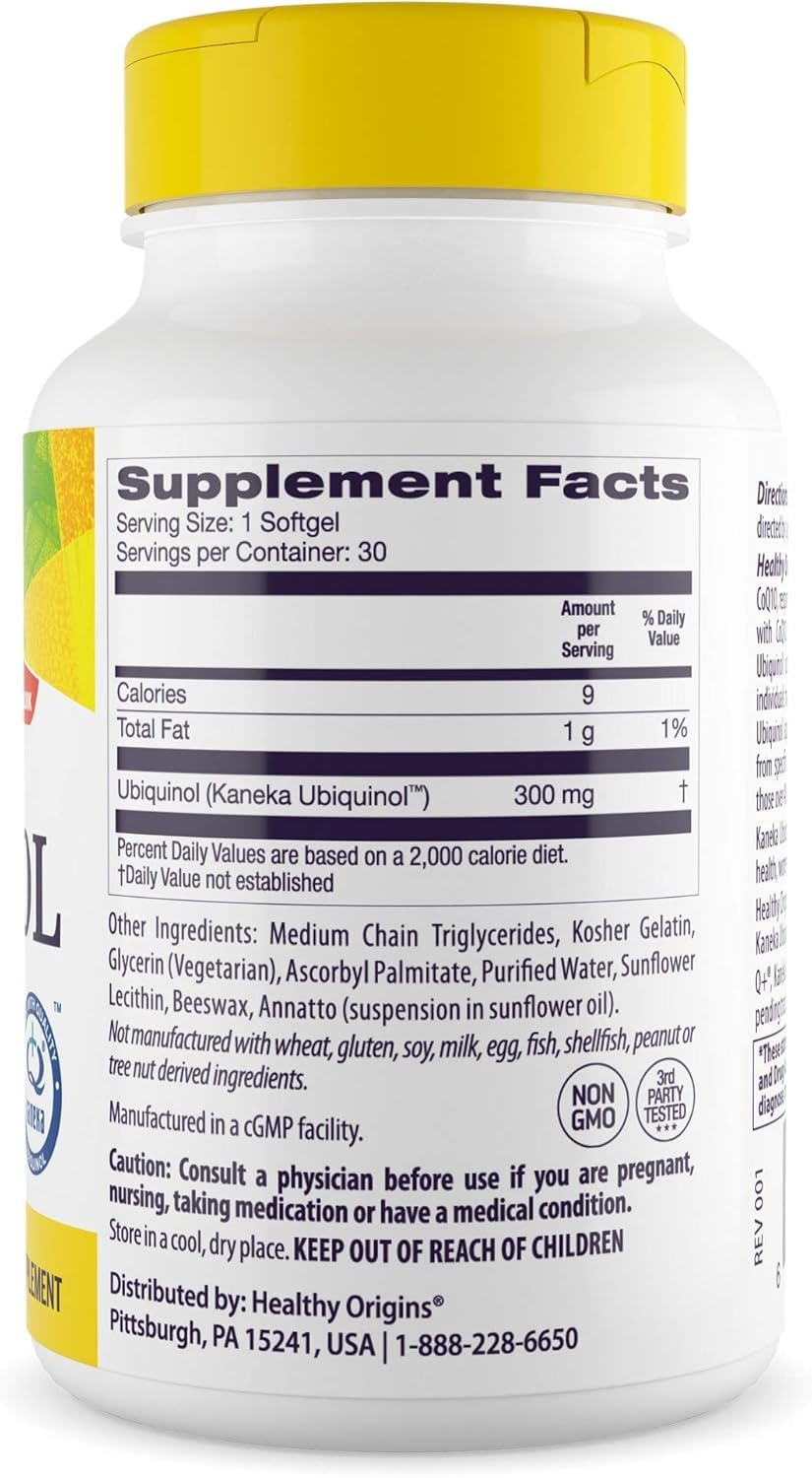 Healthy Origins ubiquinol softgels closeup showing smooth capsules for absorption