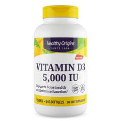 Bottle of Healthy Origins Vitamin D3 5000 IU softgels with lanolin