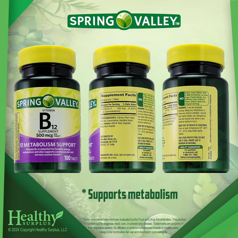 Close-up of Healthy Surplus B12 bottle and 100 tablets