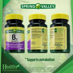 Close-up of Healthy Surplus B12 bottle and 100 tablets