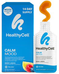 HealthyCell Calm Mood Liquid supplement bottle with 14 gel packs