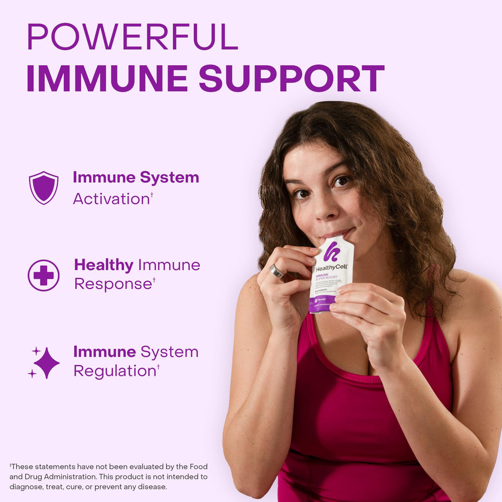 Back view of HealthyCell Immune Super Boost gel pack with packaging details
