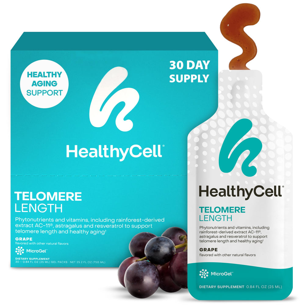 HealthyCell Telomere Length supplement bottle with 30 grape-flavored gel packs