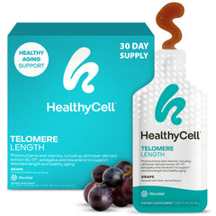 HealthyCell Telomere Length supplement bottle with 30 grape-flavored gel packs