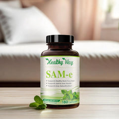 Lifestyle scene with SAM-e bottle on a desk