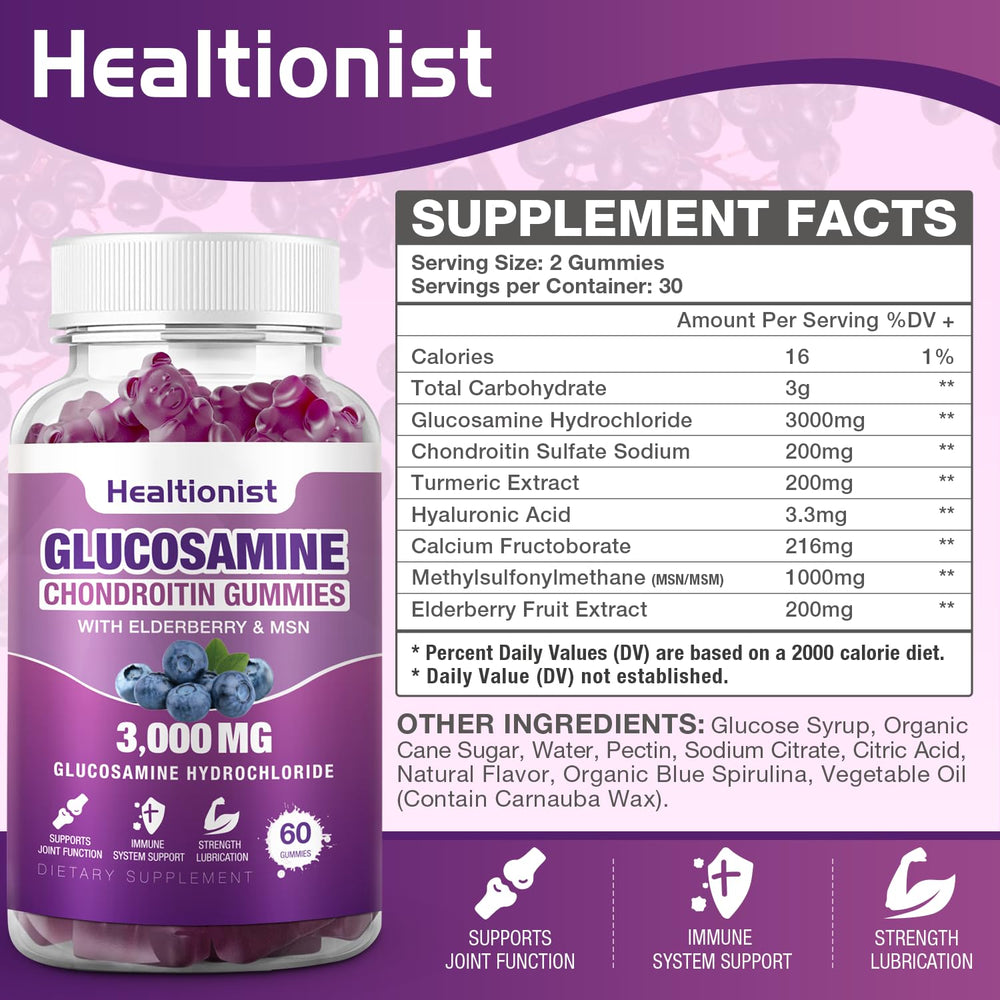 Close-up of joint-support gummies showing glucosamine and MSM for cartilage health