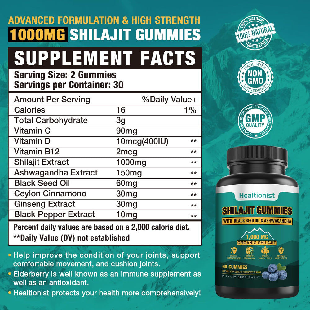 Label showing 1000 mg Shilajit per gummy