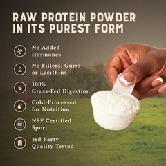HEART & SOIL whey concentrate unflavored powder cold-processed badge emphasizes nutrient integrity.