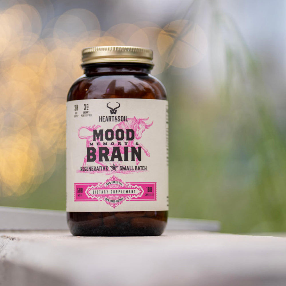 BOX and 180-capsule packaging for HEART & SOIL Beef Brain Supplement