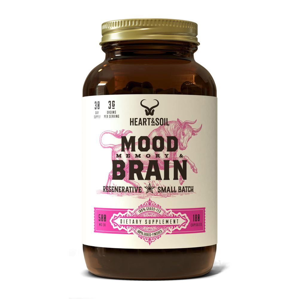 Front view of HEART & SOIL Beef Brain Supplement bottle (3000mg, 180 capsules)