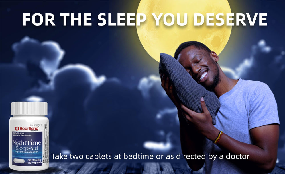 96-count Heartland Pharma sleep aid caplets displayed