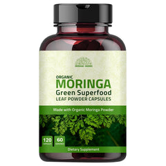 Hebhac Herbs Organic Moringa Capsules bottle with label reading 1000mg per capsule