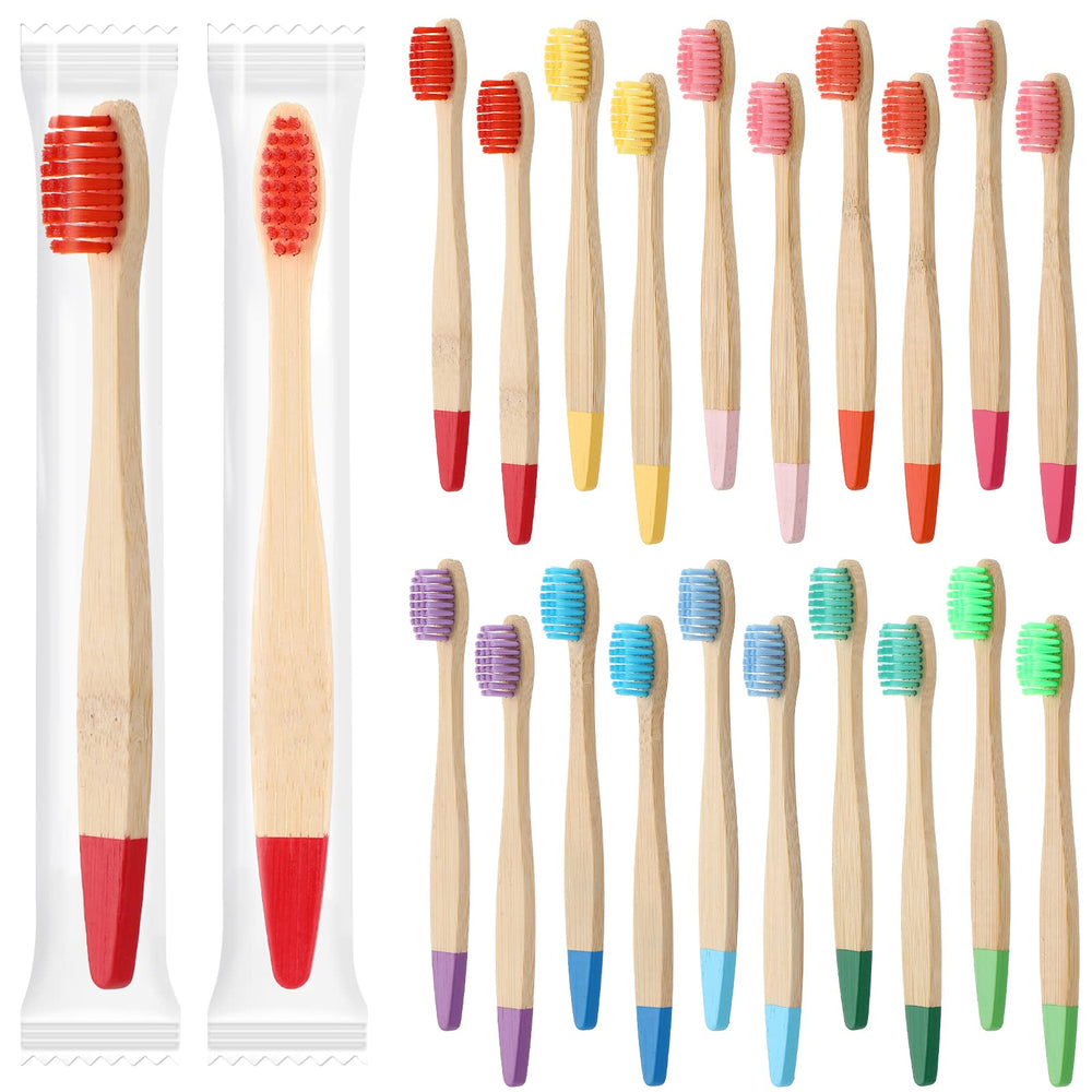 20-piece kid bamboo toothbrushes color variety including green, red, dark green, purple, sky blue, yellow, orange, rose red, dark blue, and pink