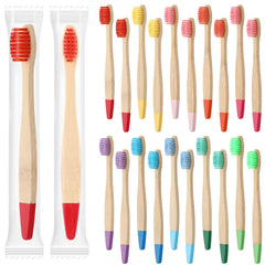 20-piece kid bamboo toothbrushes color variety including green, red, dark green, purple, sky blue, yellow, orange, rose red, dark blue, and pink