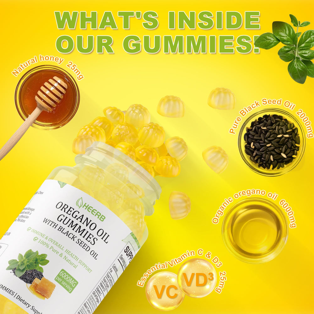 Front label highlights 6,000mg Organic Oregano Oil and 2,000mg Black Seed Oil