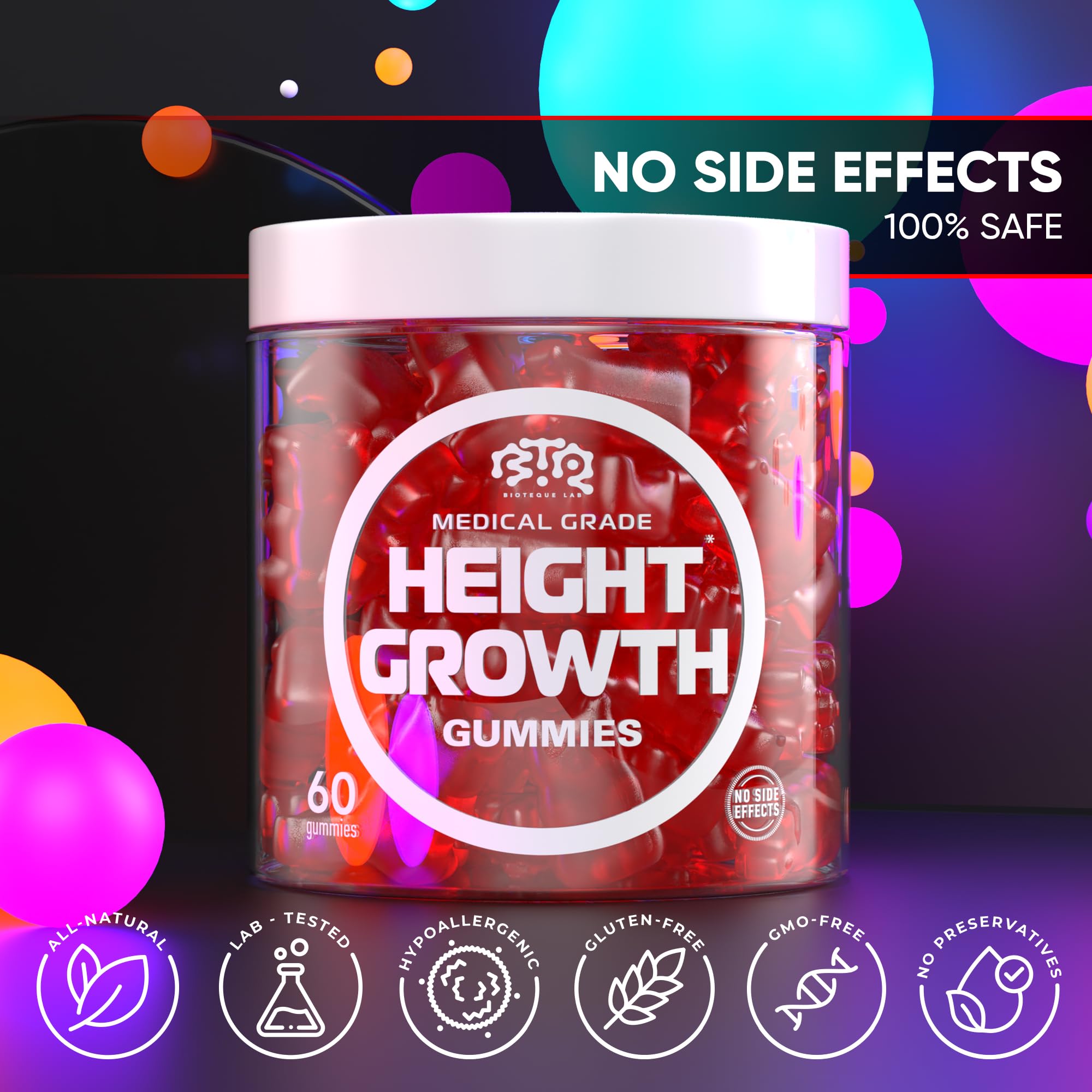 Assorted height growth gummies displayed with natural ingredient icons Assorted height growth gummies displayed with natural ingredient icons