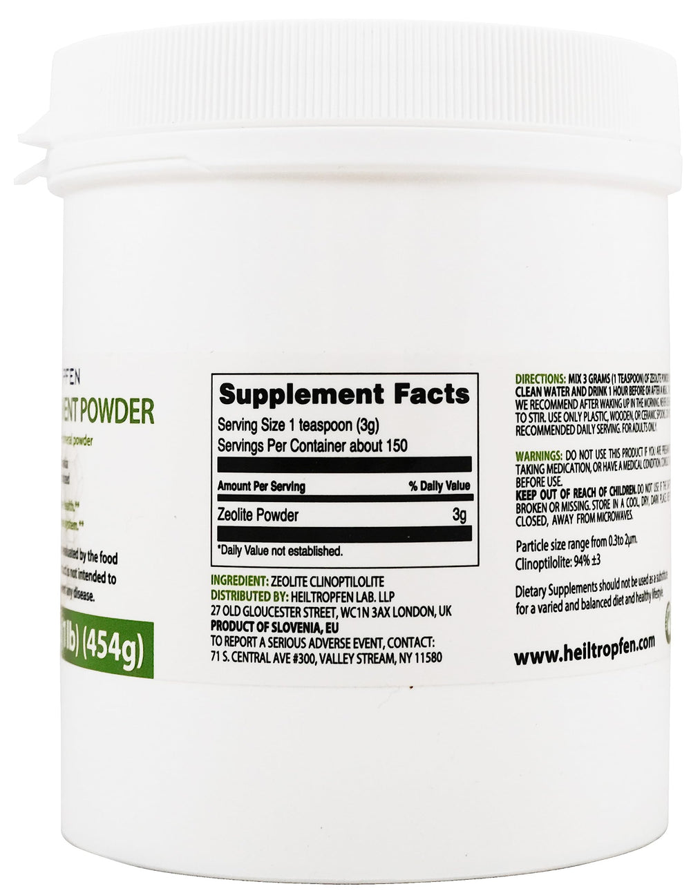 Heiltropfen Zeolite powder jar shows BPA-free packaging and easy scooping.