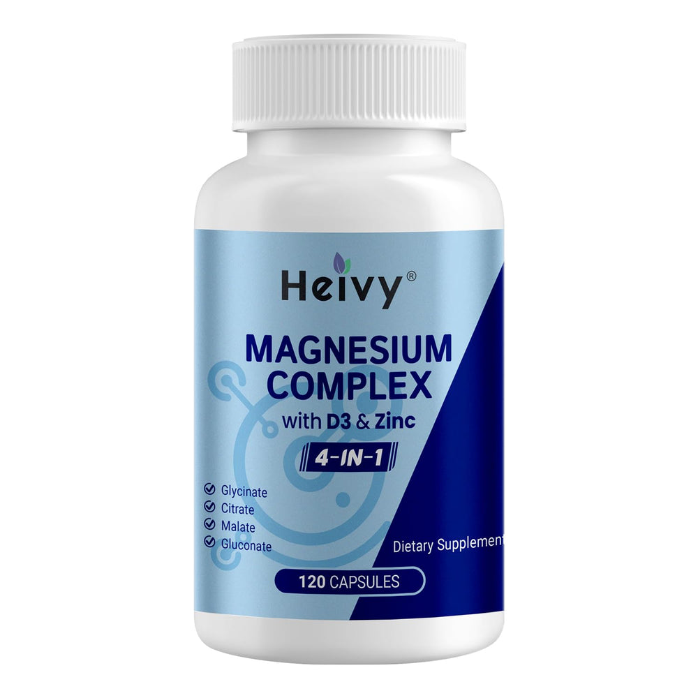 Bottle of Heivy Magnesium Zinc Vitamin D3 supplement with 120 vegan capsules