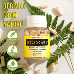 Heliocare ingredients label close-up featuring Polypodium leucotomos extract.