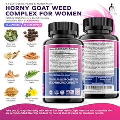 Close-up of Horny Goat Weed, Maca Root, and Tribulus ingredients