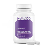 Bottle of HELLO100 Liposomal Trans-Resveratrol 250mg capsules