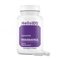 Bottle of HELLO100 Liposomal Trans-Resveratrol 250mg capsules