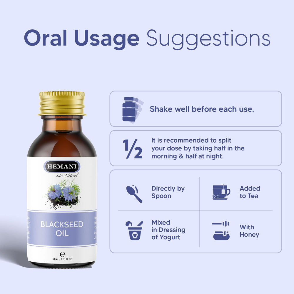 Amber bottle of Hemani Black Seed Oil 30ml