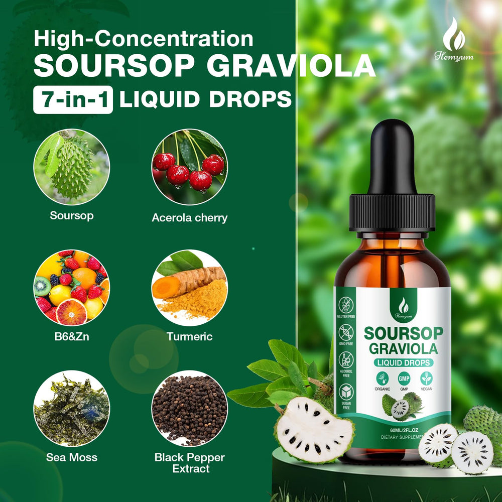 Ingredient panel showing soursop extract, sea moss, and vitamins