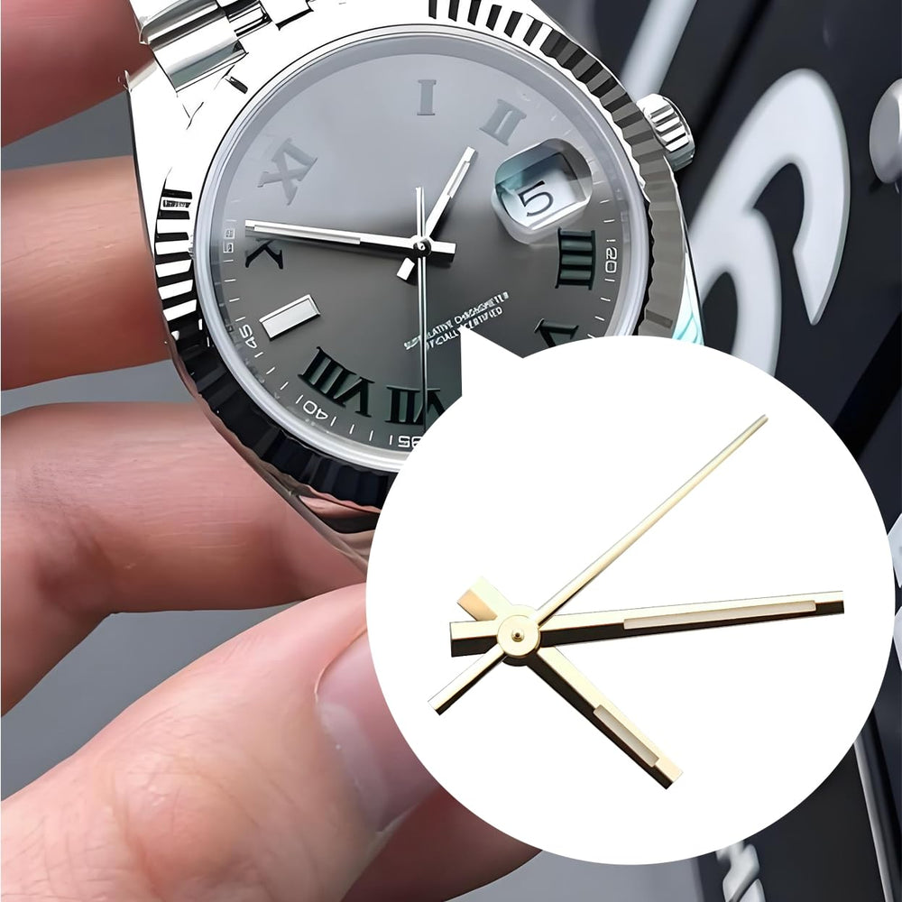 Hour, minute and center second hands in gold finish