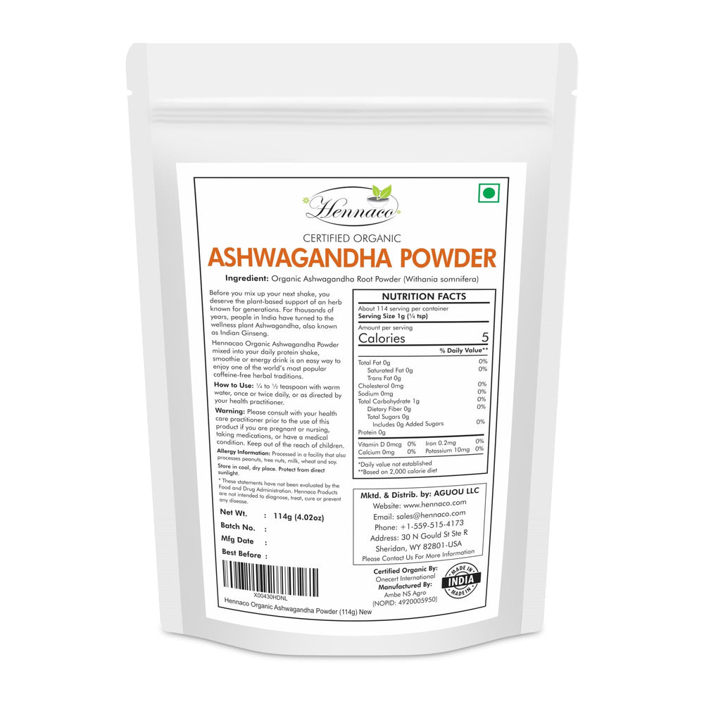 Ingredients and nutritional information for hennaco Ashwagandha Powder