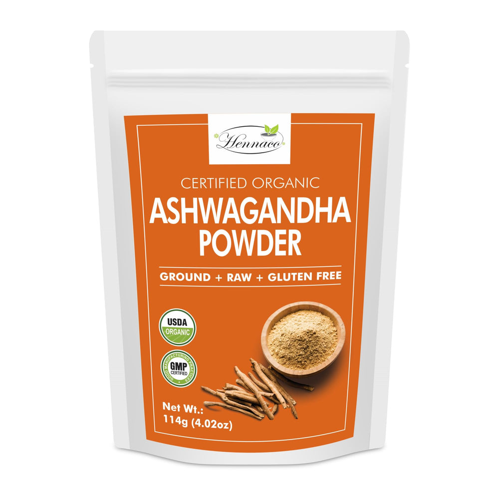 Front view of hennaco Organic Ashwagandha Powder in resealable pouch