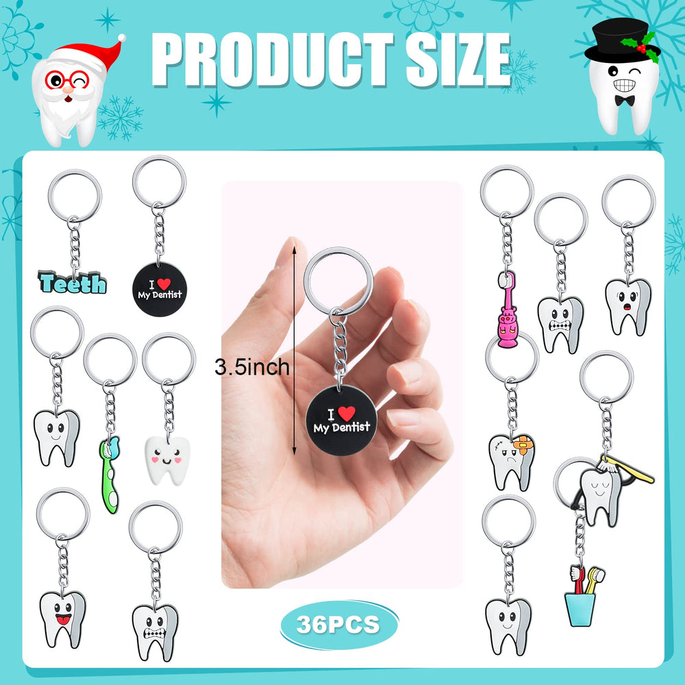 Tooth and toothbrush themed keychains displayed together