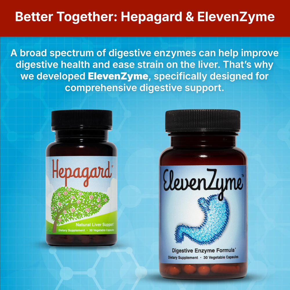 Lifestyle scene with Hepagard bottle and healthy foods