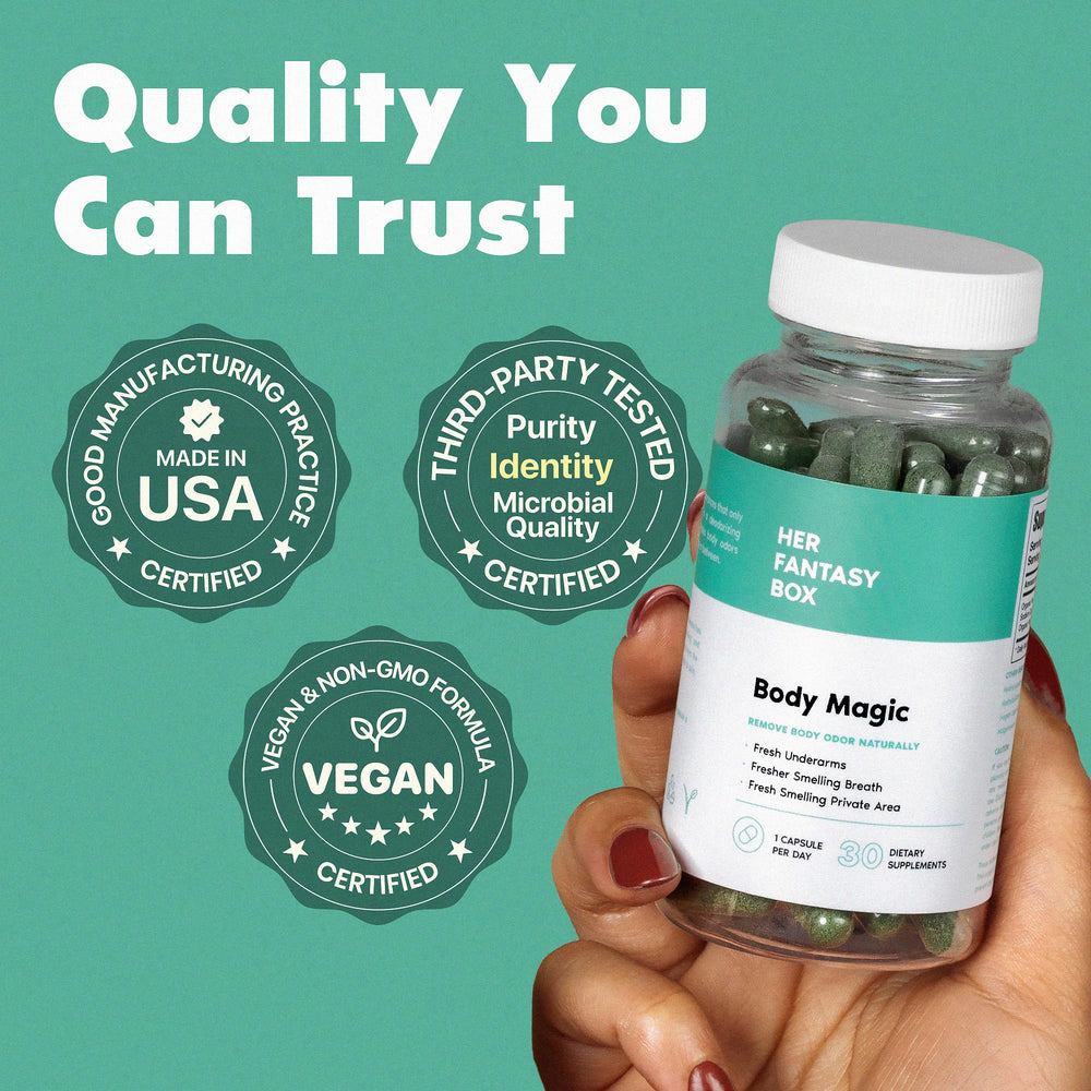Her Fantasy Box Body Magic capsules in a pile, ready for a detox-friendly routine