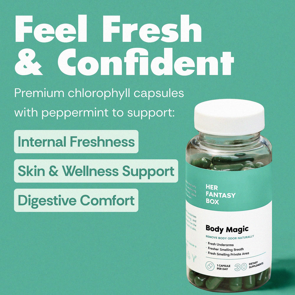 Her Fantasy Box Body Magic label detail shows vegan non-GMO ingredients