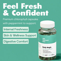 Her Fantasy Box Body Magic label detail, highlighting vegan and non-GMO ingredients