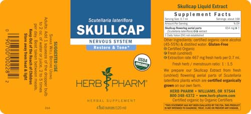 Herb Pharm Skullcap 4-ounce bottle on display with convenient dosing.