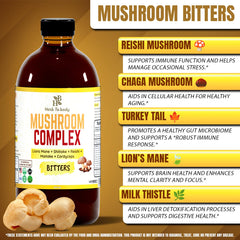 Herb To Body Mushroom Bitters close-up shows reishi and chaga ingredients.