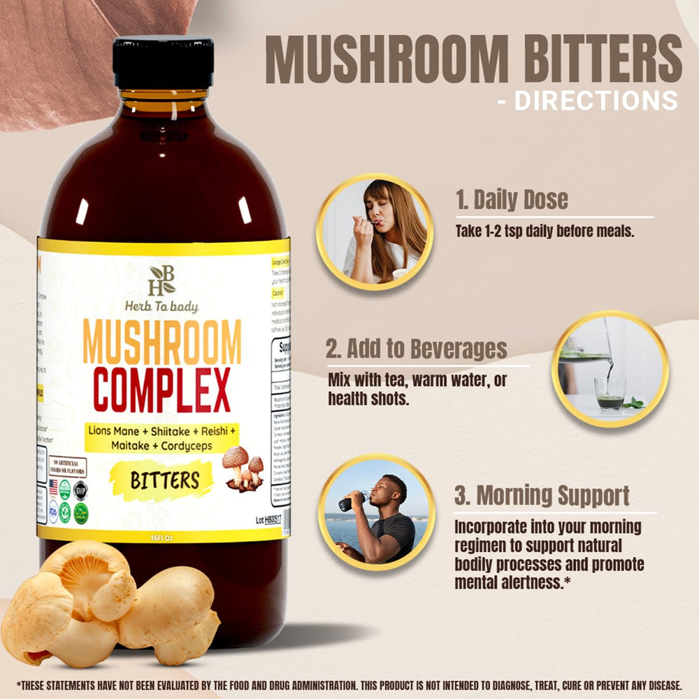 Herb To Body Mushroom Bitters in a glass with herbs, versatile blend.