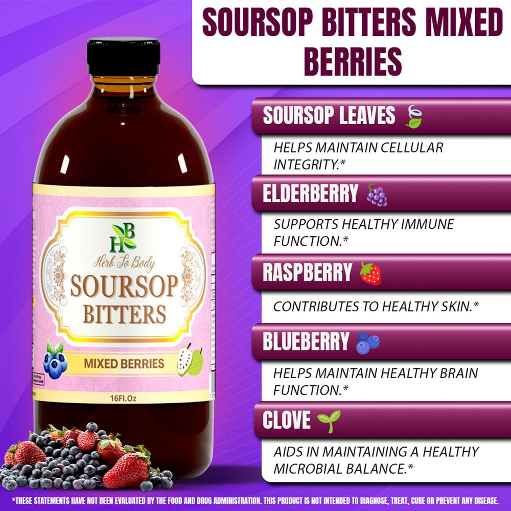 Herb To Body Soursop Bitter Liquid ingredients highlight soursop leaves and berries for flavor