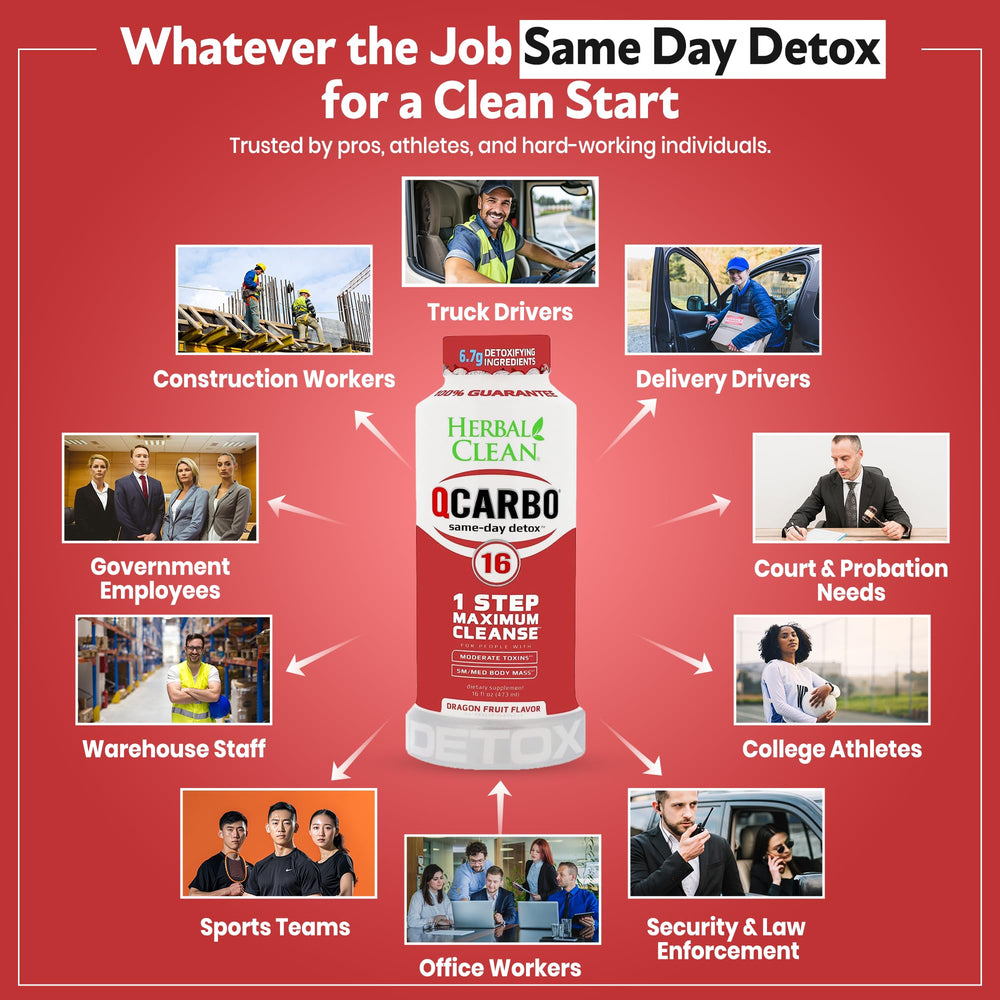 Herbal Clean Qcarbo16 bottle label details ingredients and cleansing concept.