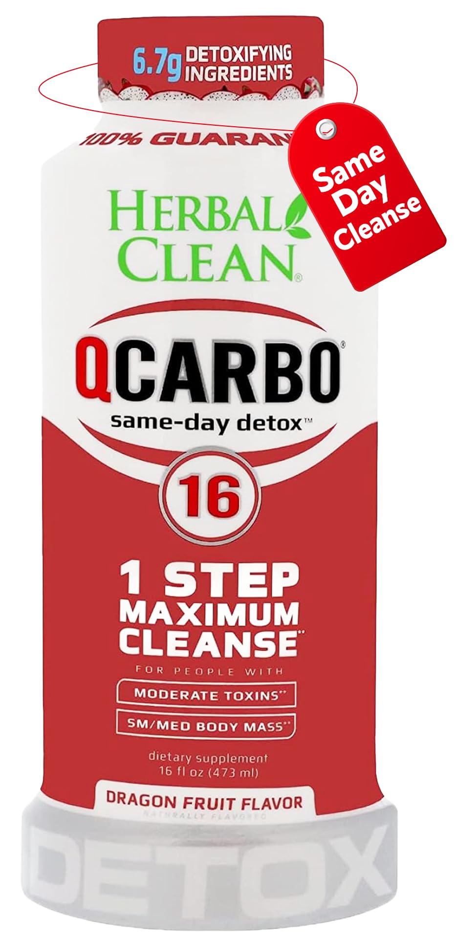 Herbal Clean Qcarbo16 dragon fruit bottle for quick detox support during busy days.