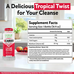 Herbal Clean Qcarbo16 tropical bottle back with ingredients and use guidance.