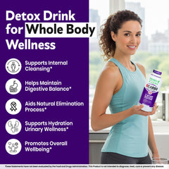 Herbal Clean Qcarbo32 bottle with glass shows hydration-friendly cleansing.