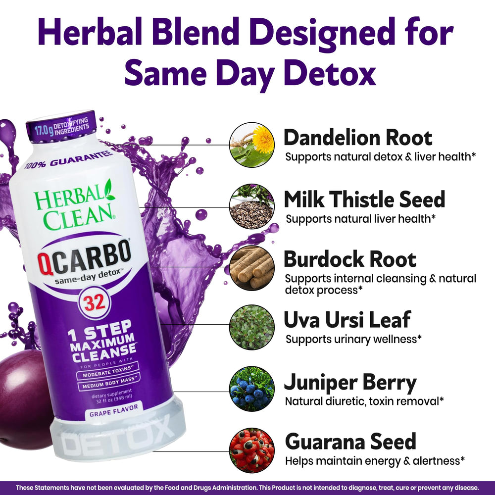 Herbal Clean Qcarbo32 grape bottle label highlights natural herbal formula.
