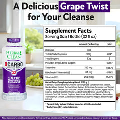 Herbal Clean Qcarbo32 grape bottle pour demonstrates easy-use detox ritual.