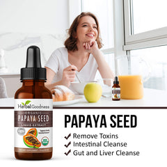 Herbal Goodness Papaya Seeds packaging detail emphasizes quality and antioxidant benefits.