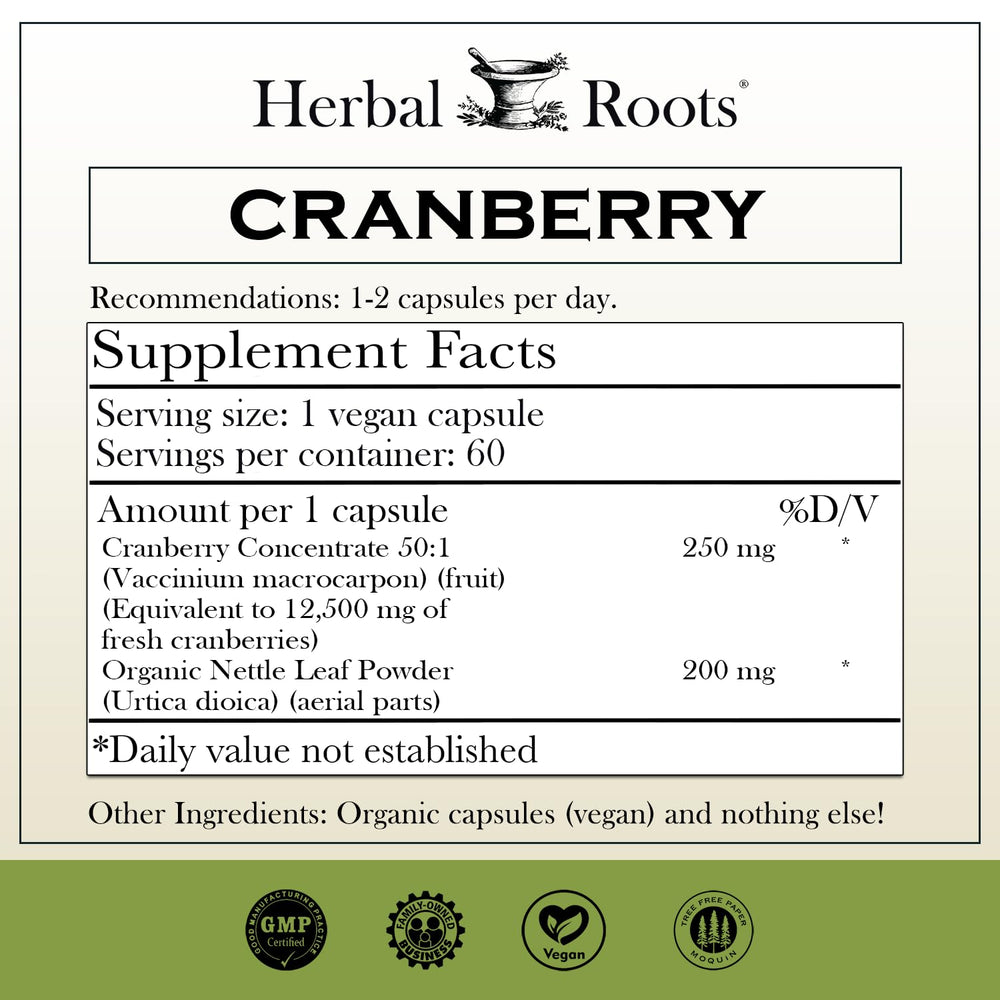 Close-up of Herbal Roots cranberry nettle capsules for urinary tract support