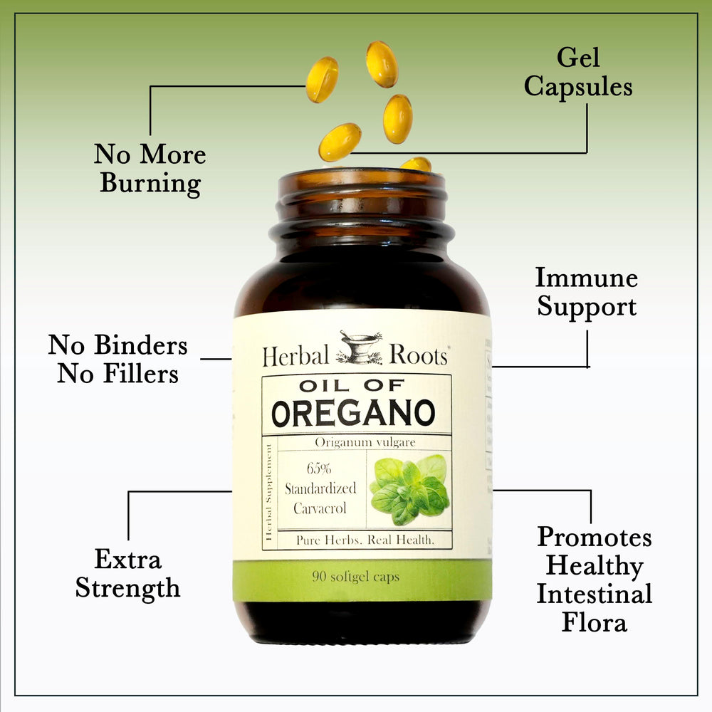 Close-up of oregano oil softgel capsules showing 150mg
